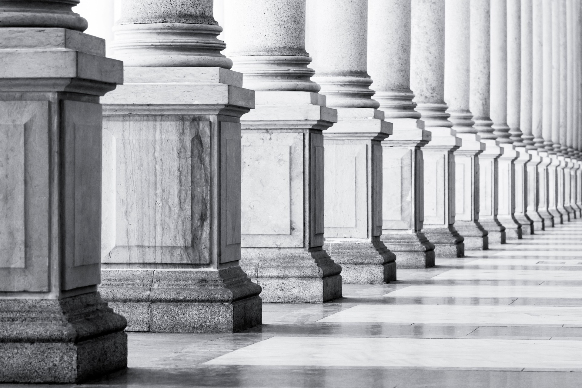 Black and white row of classical Columns with copy space,